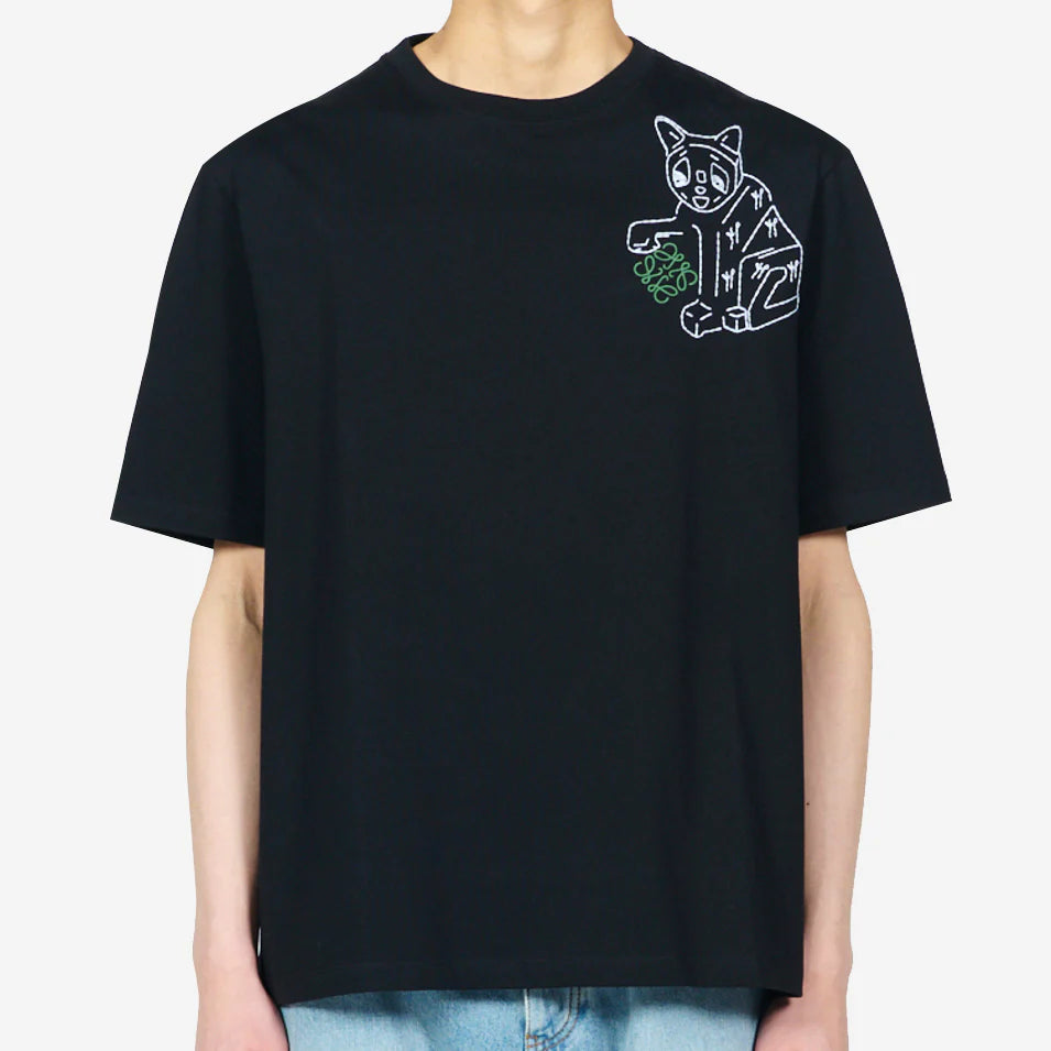 Loewe Anagram Lucky Cat Embroidery T-Shirt Black