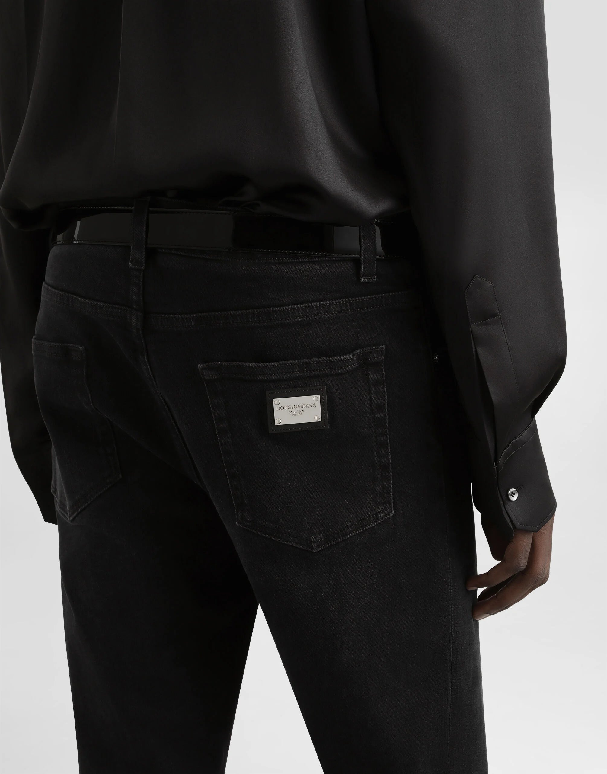 Dolce & Gabbana Logo Plaque Skinny-Fit Cotton Jeans Black