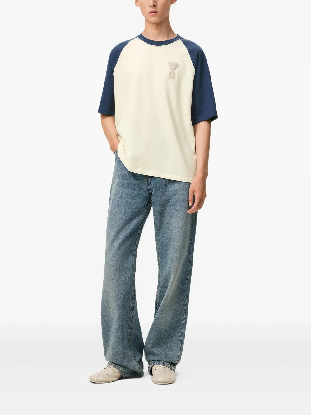 Ami Paris De Coeur Knitted Patch T-Shirt Cream Blue