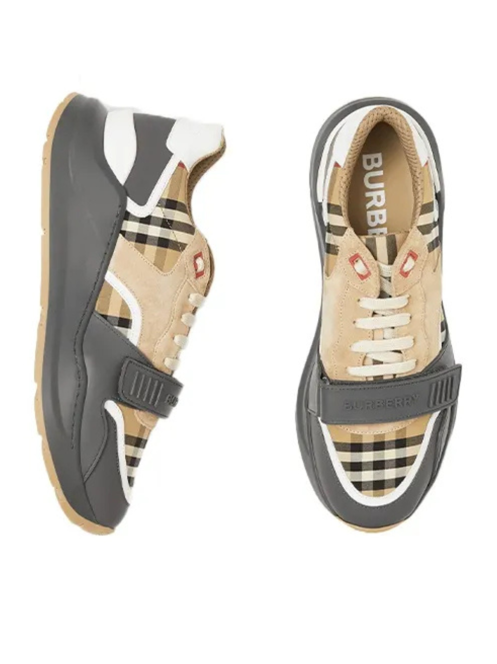 Burberry Ramsey Vintage Check Suede Leather Trainers Grey Archive Beige