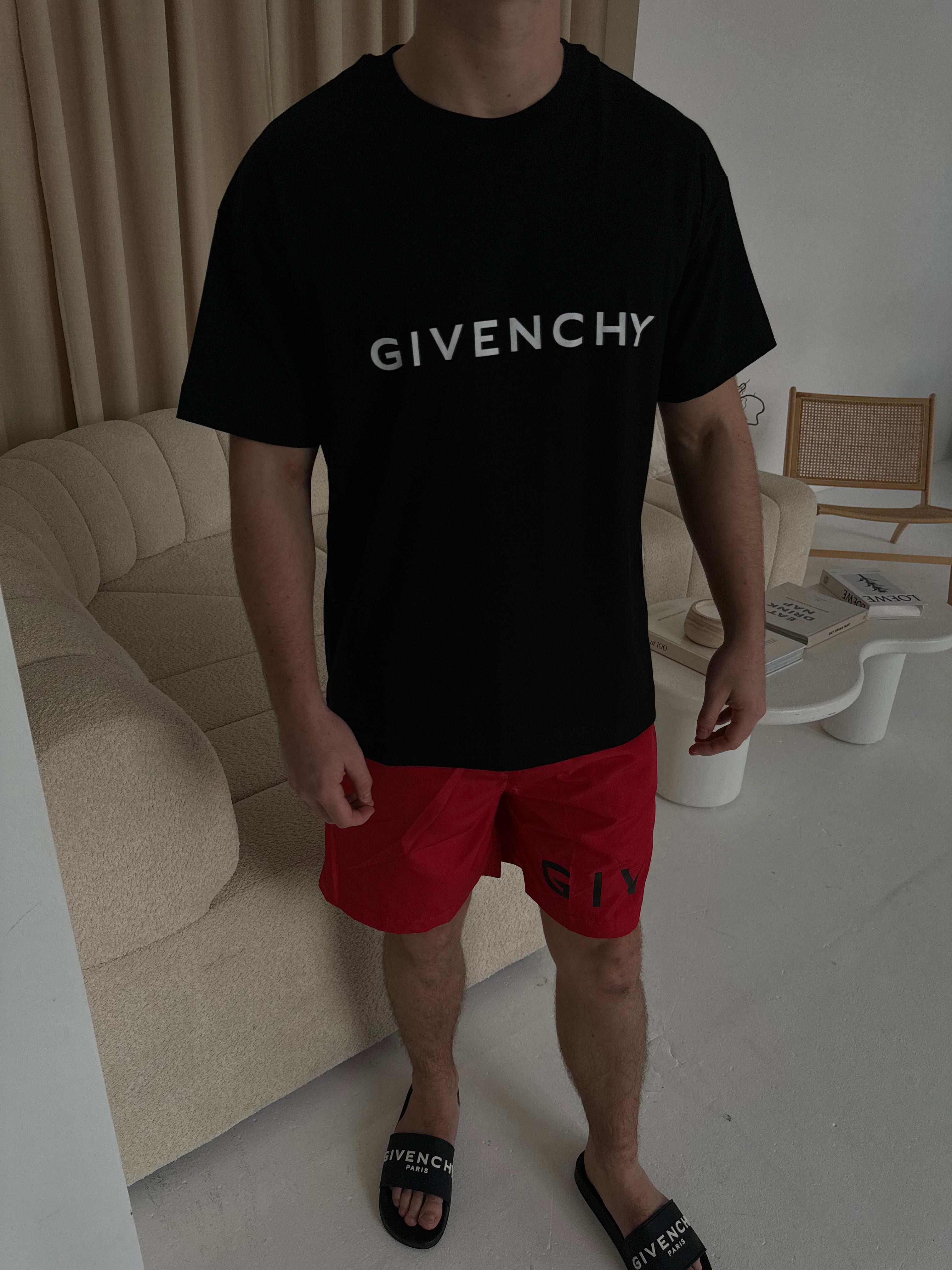 Givenchy Logo Long SwimShorts in Vermillion