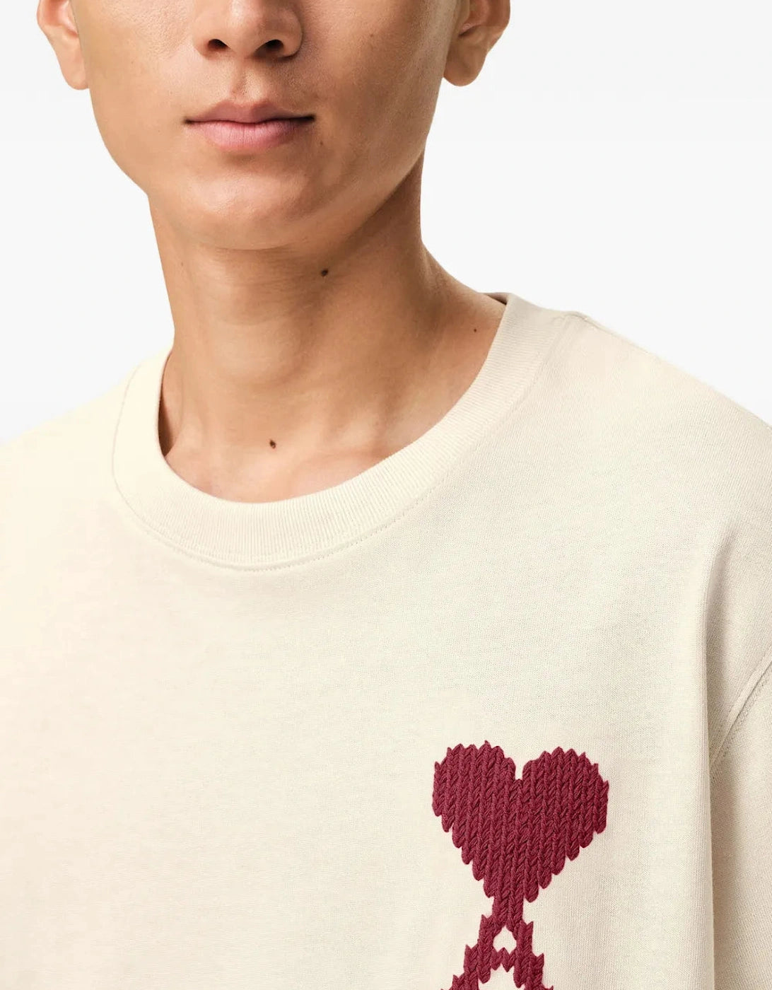 Ami Paris Heart Zigzag T Shirt Beige/Red