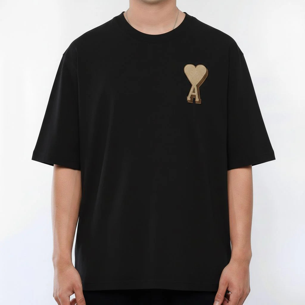 Ami Paris Heart Patch T Shirt Black /Brown