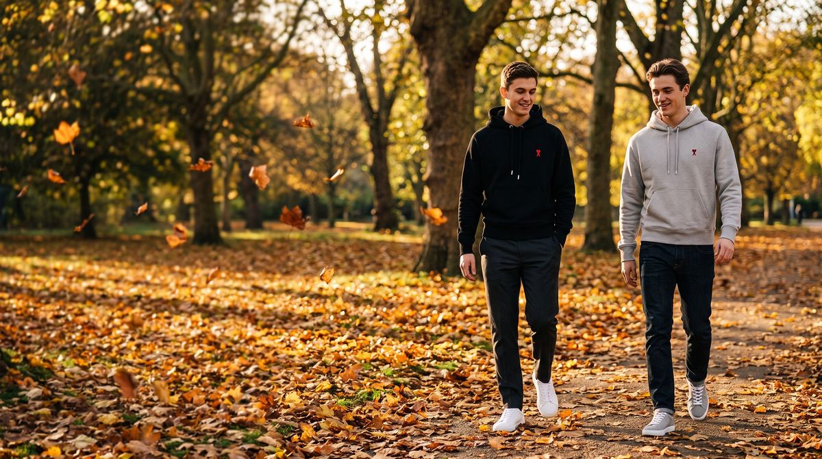 Two models in Ami Paris De Coeur hoodies walking through an autumn park