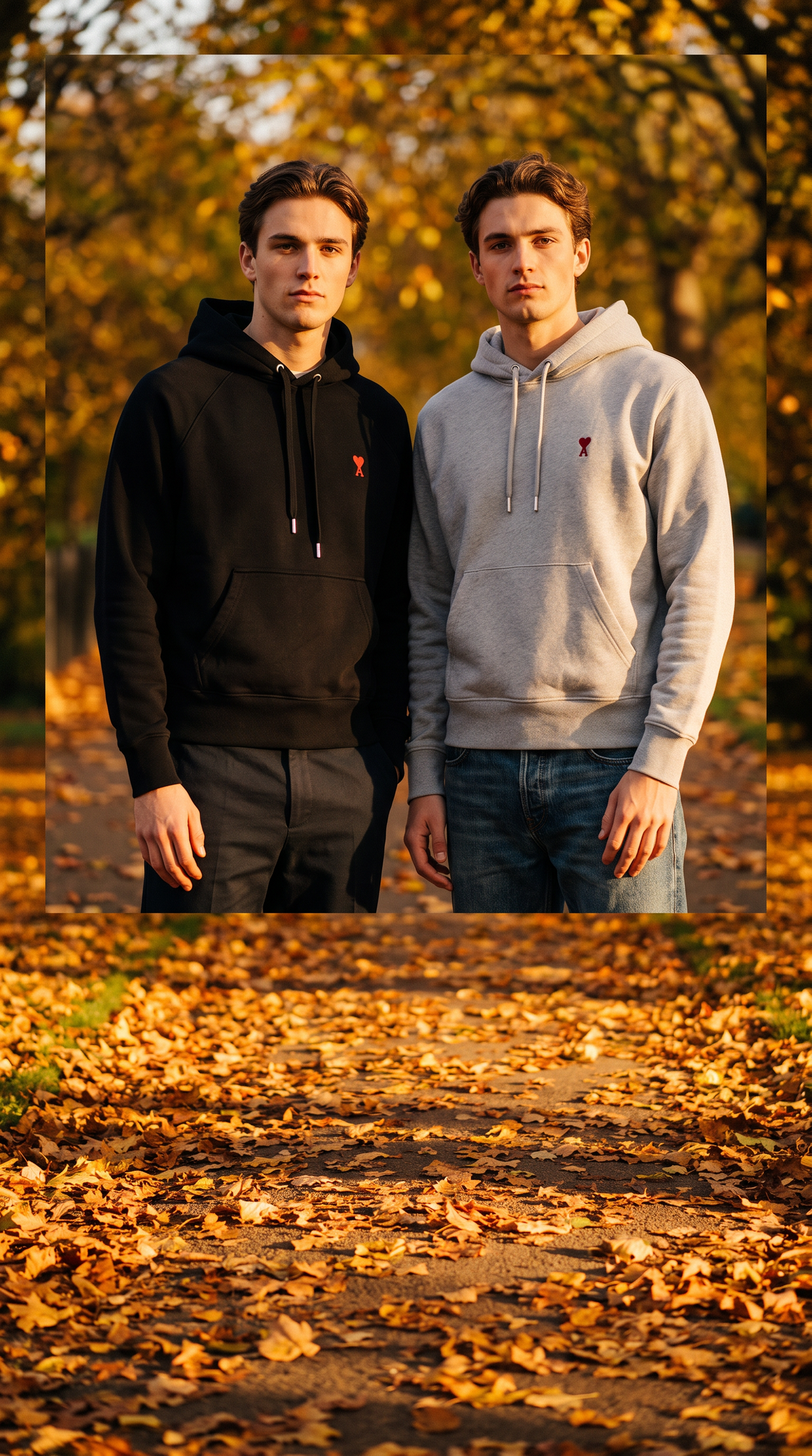 Two models in Ami Paris De Coeur hoodies in an autumn park