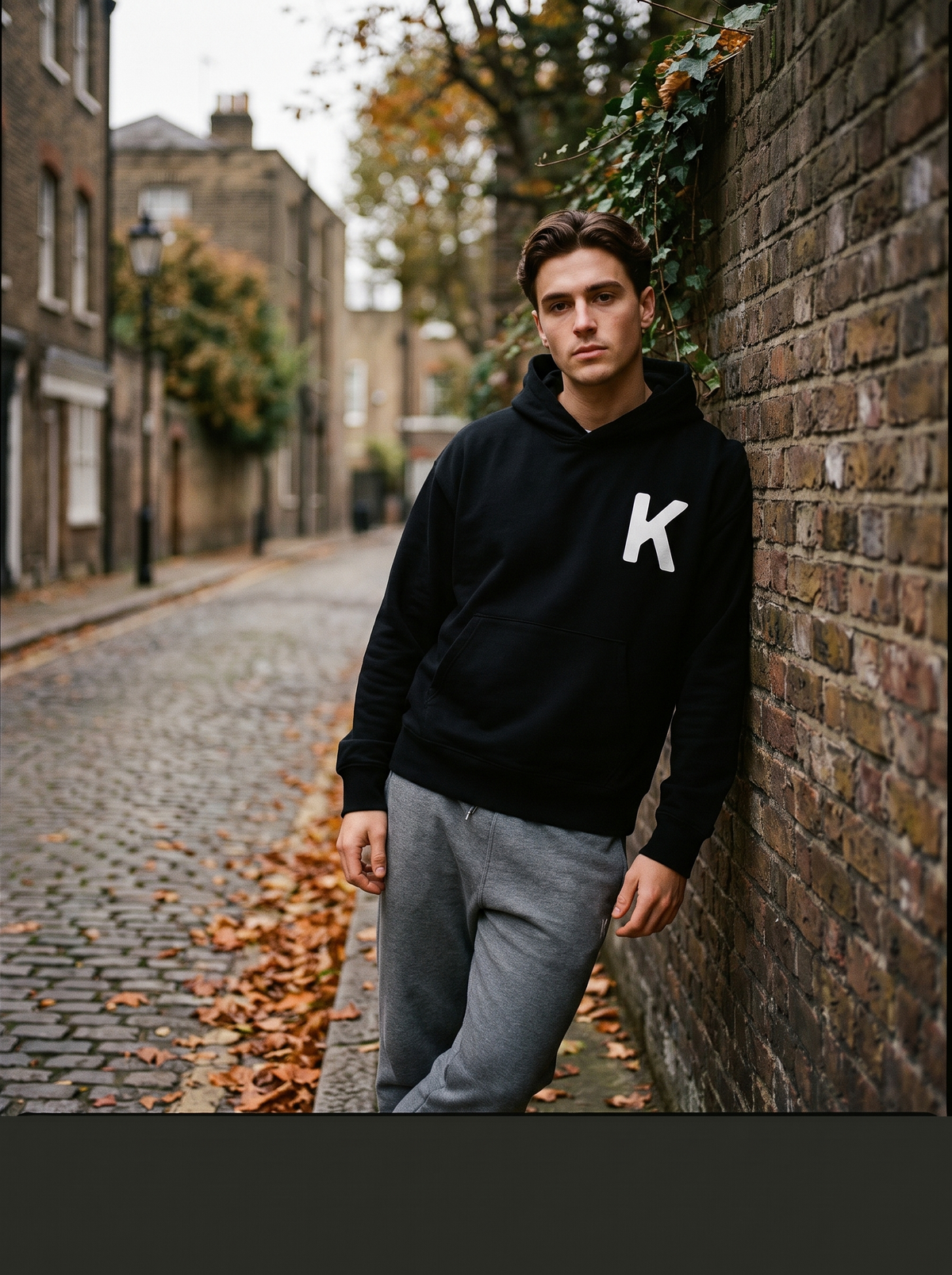 Model wearing the Kenzo Lucky Tiger hoodie on an autumn street