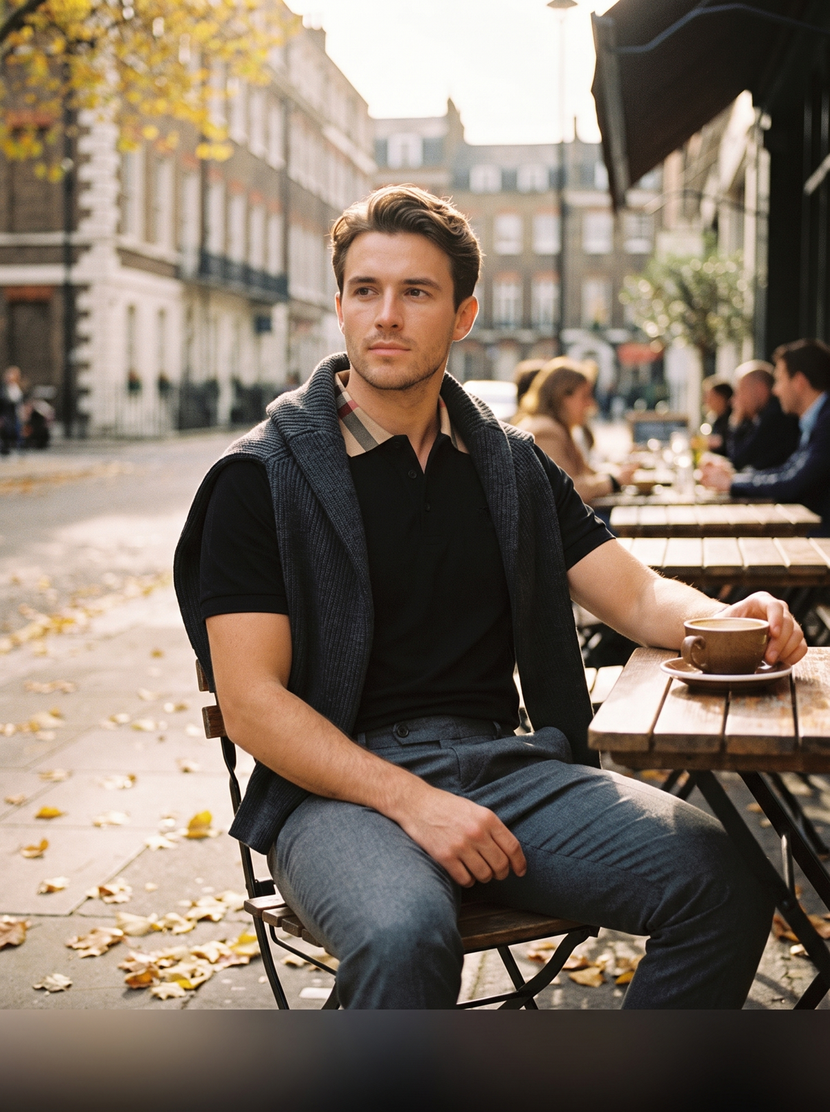 Model wearing the Burberry vintage check collar polo at a Mayfair cafe