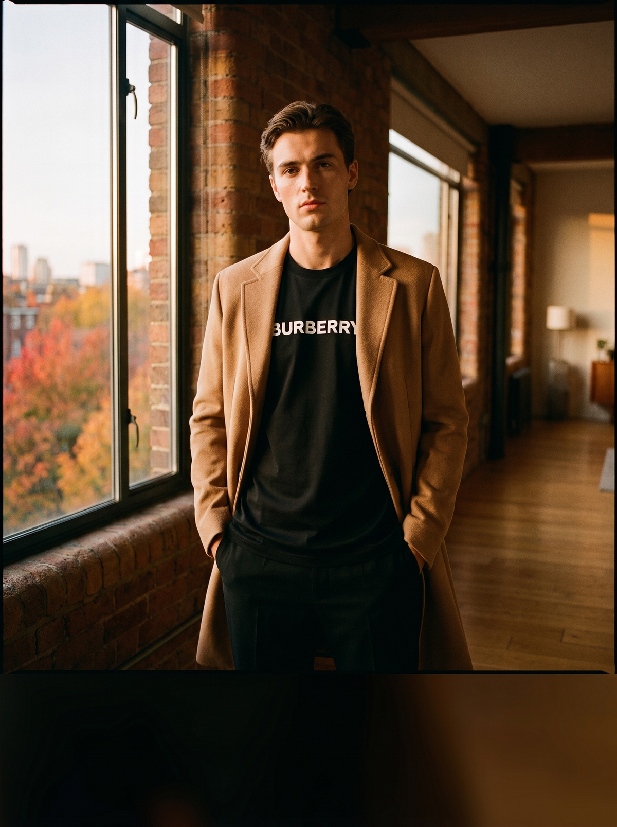 Model wearing the Burberry Harriston t-shirt under a camel overcoat