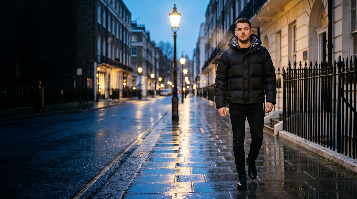 Model wearing the Burberry Halsby puffer jacket on a London street in winter